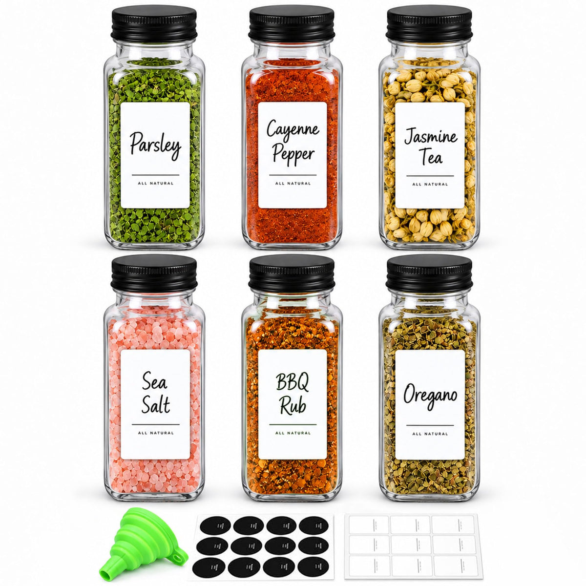 ComSaf Glass Spice Jars with with Labels 4 oz 15 Pack Small Square