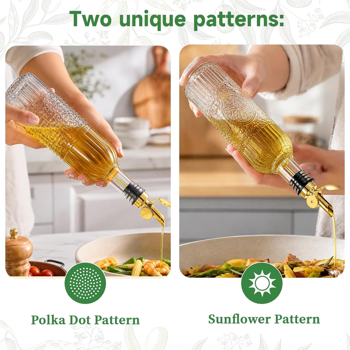 Olive Oil Dispenser Bottle, 2 Pack 17 oz Glass Oil and Vinegar Dispenser with 2 Gold Gravity Auto Flip Spouts, Metal Stand and Funnel, Decorative Polka Dot & Sunflower Design for Kitchen