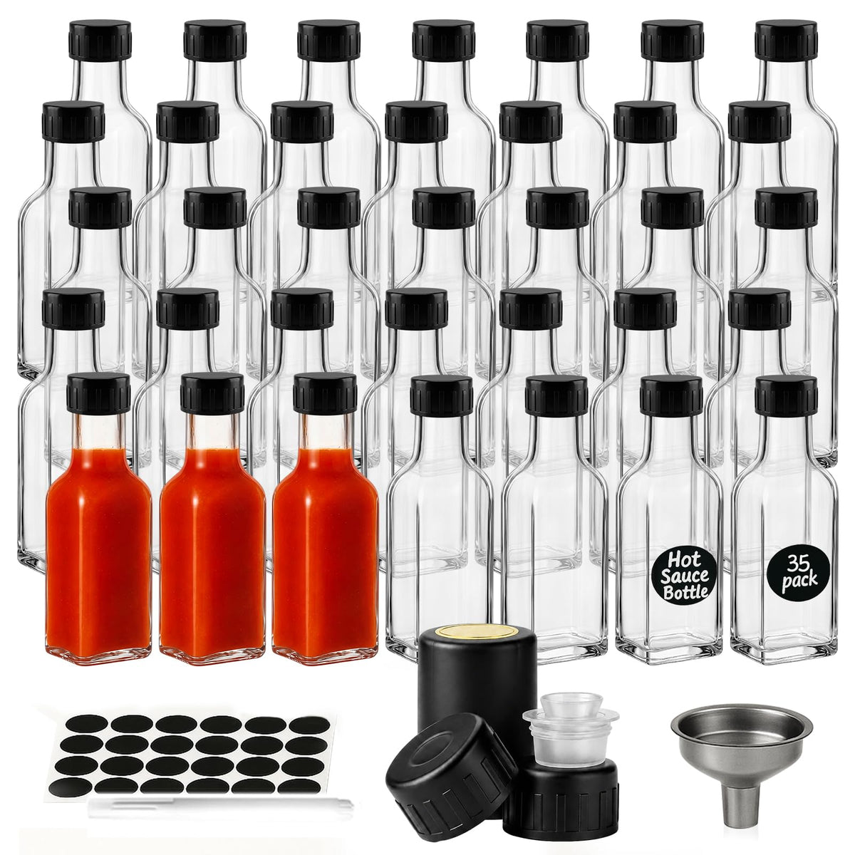 WERTIOO Hot Sauce Bottles 18Pack 8.5oz Square Glass Sauce Bottles with Lids