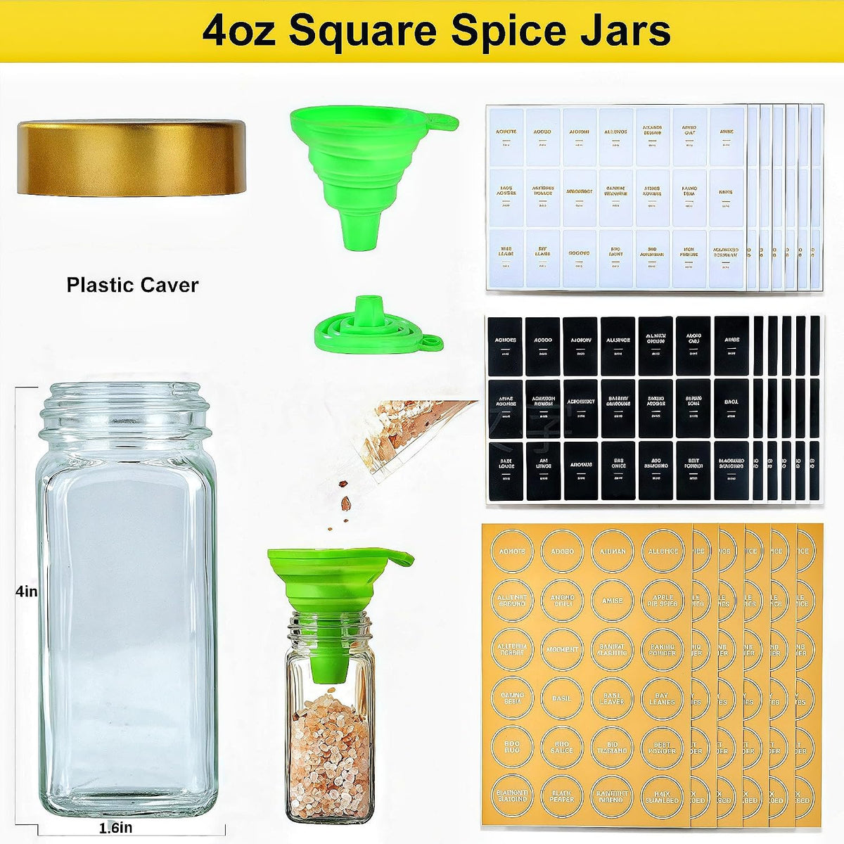 24 Gold Spice Jars with Labels, 4oz Seasoning Jars for Cabinets, Drawers