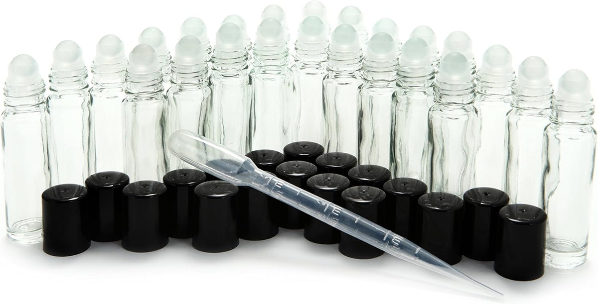 Vivaplex 24, Clear, 10 ml Glass Roll on Perfume Bottles with 3 ml Dropper
