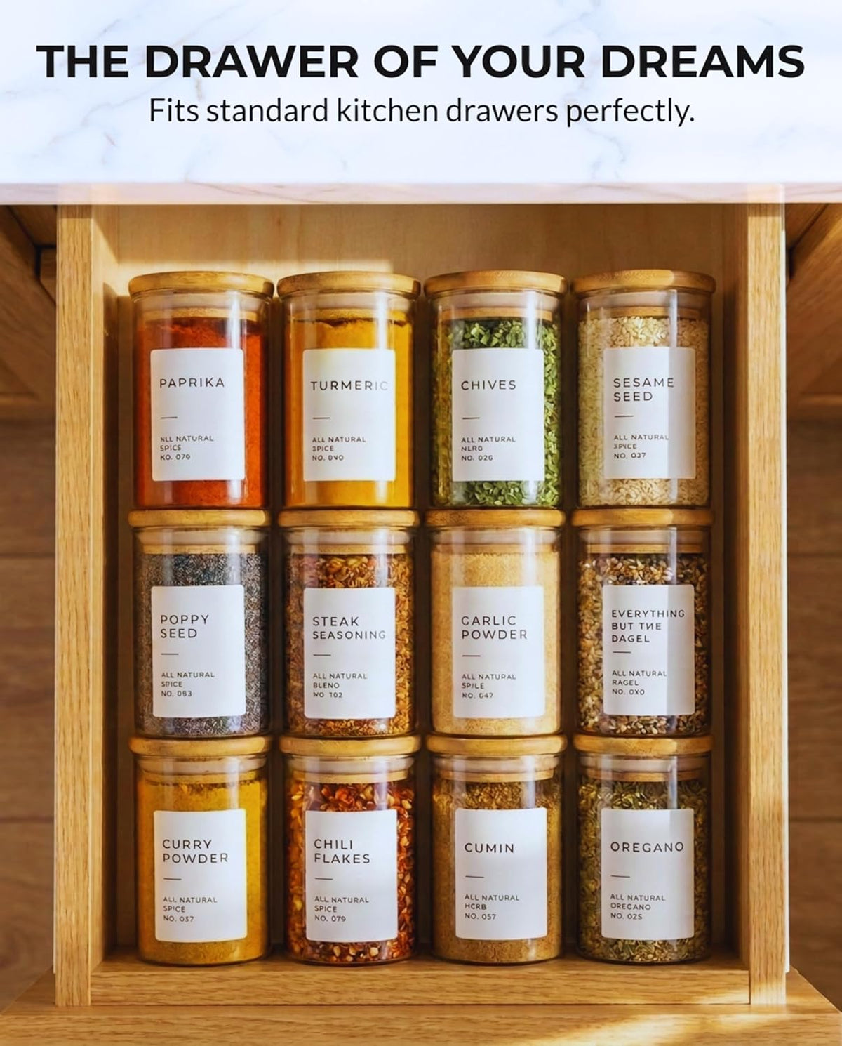 Bloomondo Glass Spice Jars with Label Pack (12x Bamboo Lid Glass Jar) Small 6oz Empty Spice Storage Bottles with 112 Printed Stickers and 48 Writable Pantry Labels for Seasoning Containers