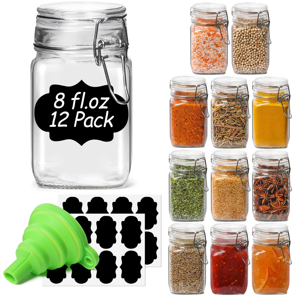 ComSaf Square Small Glass Spice Jars with Airtight Lids 4 oz 12 Pack Pantry