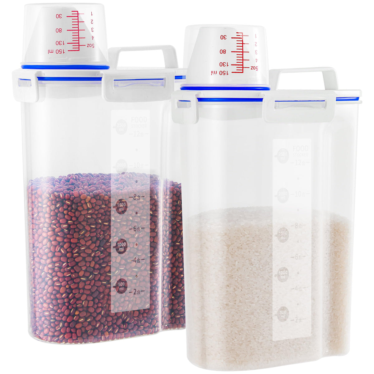 2 Pcs 5.5Lbs Rice Dispenser Storage Containers, Rice Container with Measuring Cup & Pour Spout, Kitchen Plastic Airtight Container for Cereal, Grain, Flour, Sugar, Oatmeal, Dry Pet Dog Food