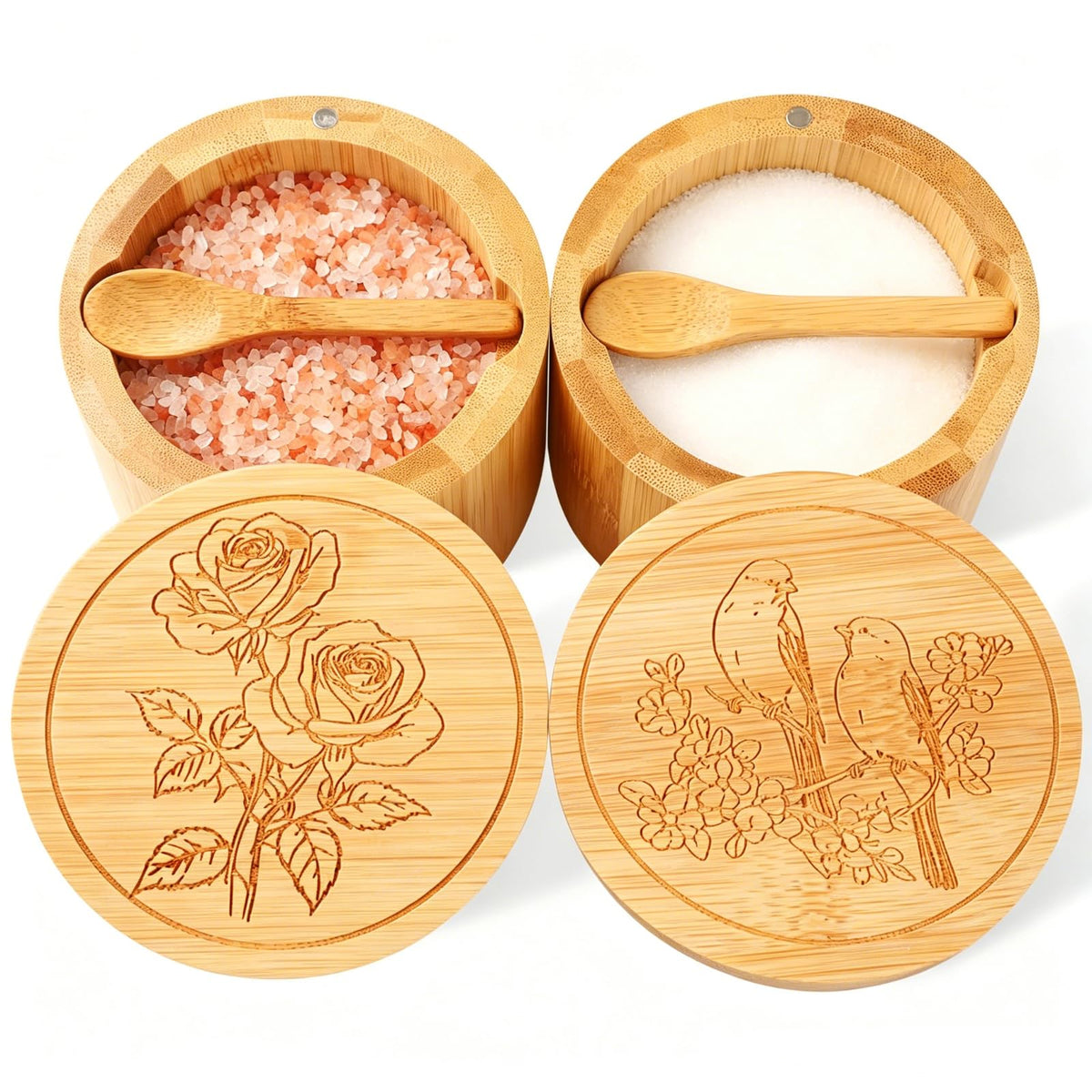 Timtopno Salt Cellar, Acacia Wood Salt Container with Built-in Spoon & Swivel Lid, Engraved SALT Box, Salt Holder Bowl for Countertop Seasoning Storage