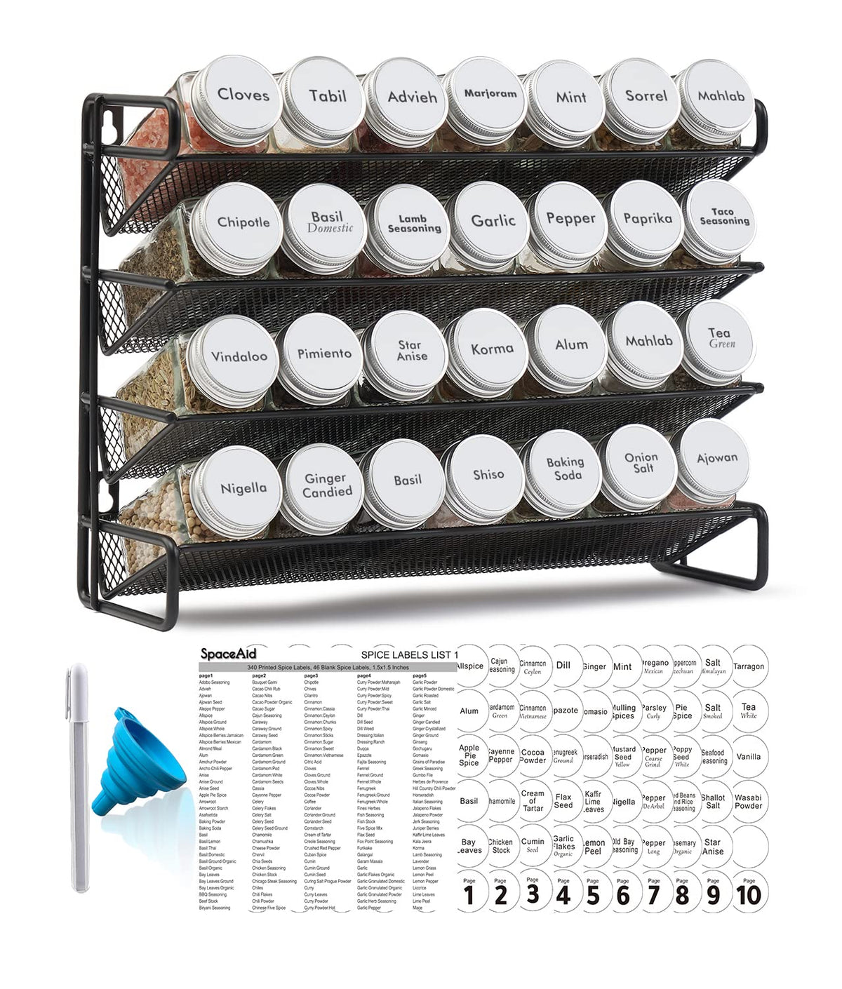 SpaceAid Spice Rack Organizer with 28 Spice Jars, 386 Spice Labels, Chalk Marker and Funnel Set for Cabinet, Countertop, Pantry, Cupboard or Door & Wall Mount - 28 Jars, 13.4" W × 10.8" H, Black