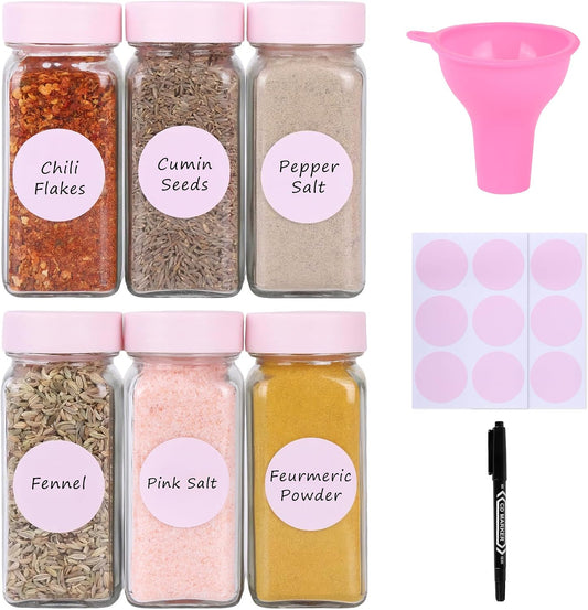 6 Pcs Glass Spice Jars with Label, 4oz Pink Airtight Seasoning Containers