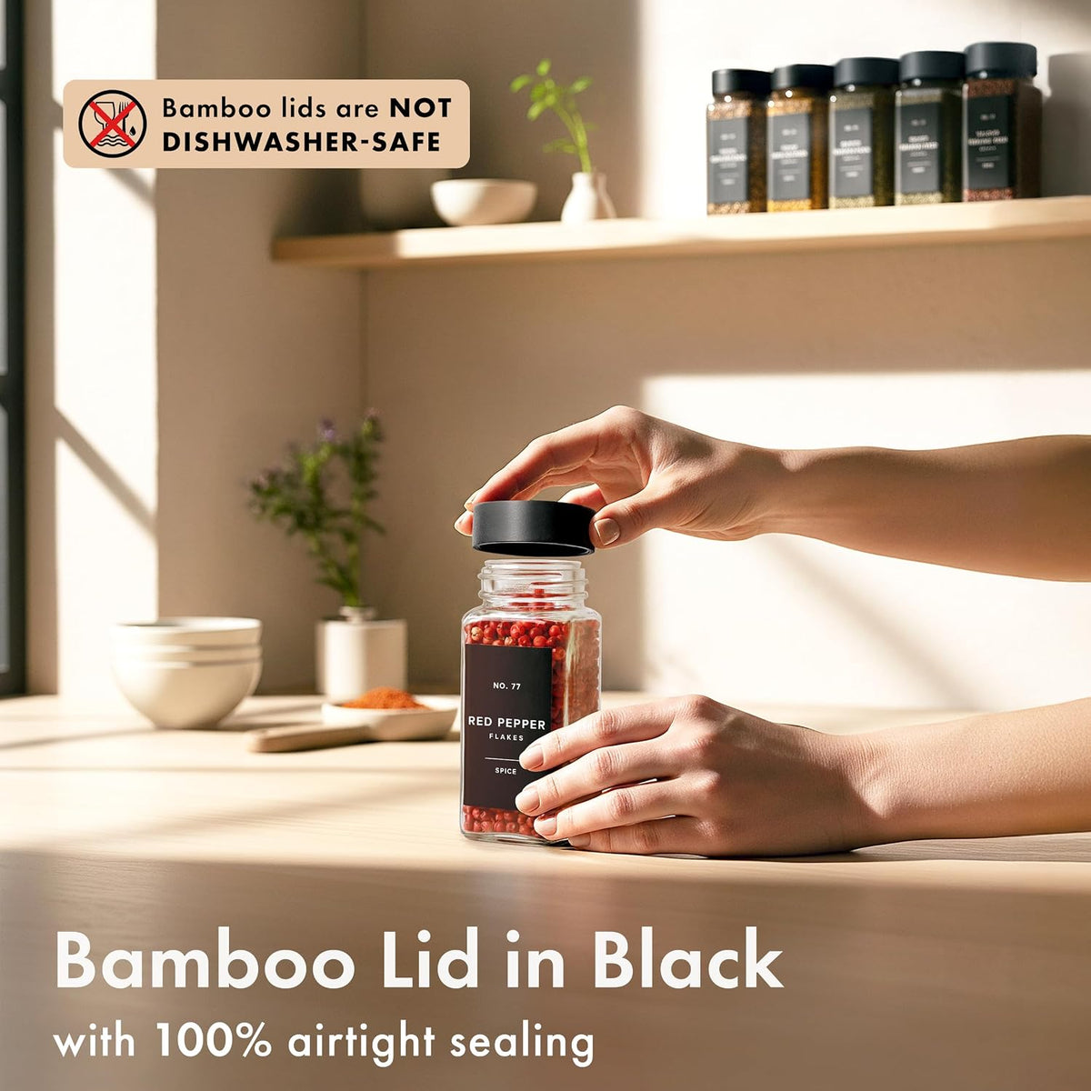 EDELHAUS Glass Spice Jars with Label, 24x Black Bamboo Wooden Lids