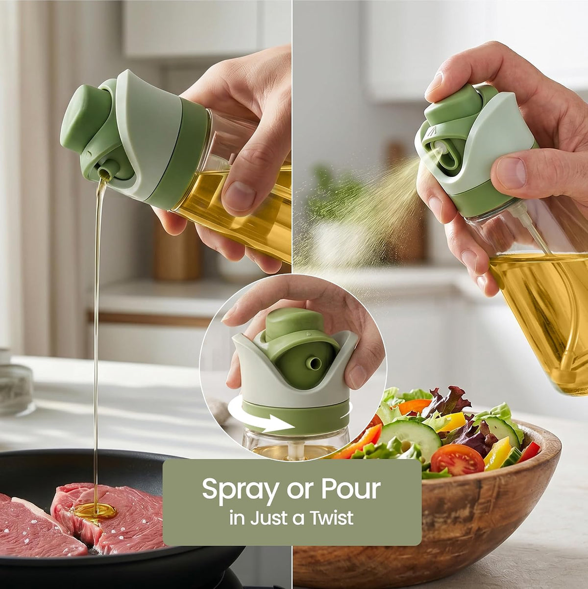 Olive Oil Dispenser for Kitchen 2-in-1 Pour and Spray | 11.5 oz / 340 ml | Glass Olive Oil Sprayer for Cooking, Airfryer, Salad & BBQ | Set of 2 Bottles, Green