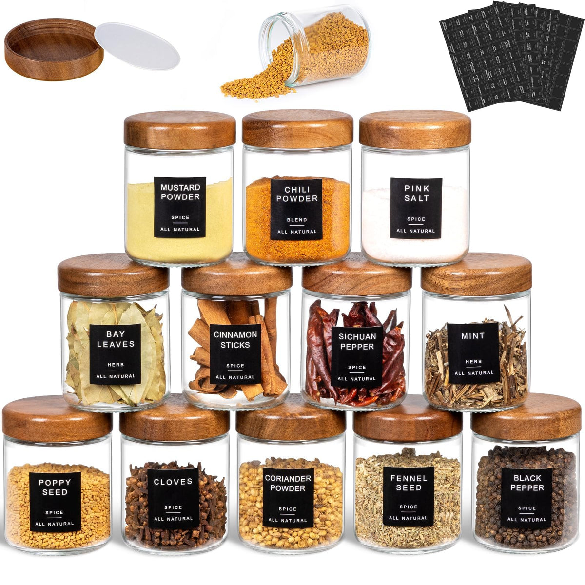 Yangbaga Glass Spice Jars with Labels, 14pcs 4oz Seasoning Organizer Jars