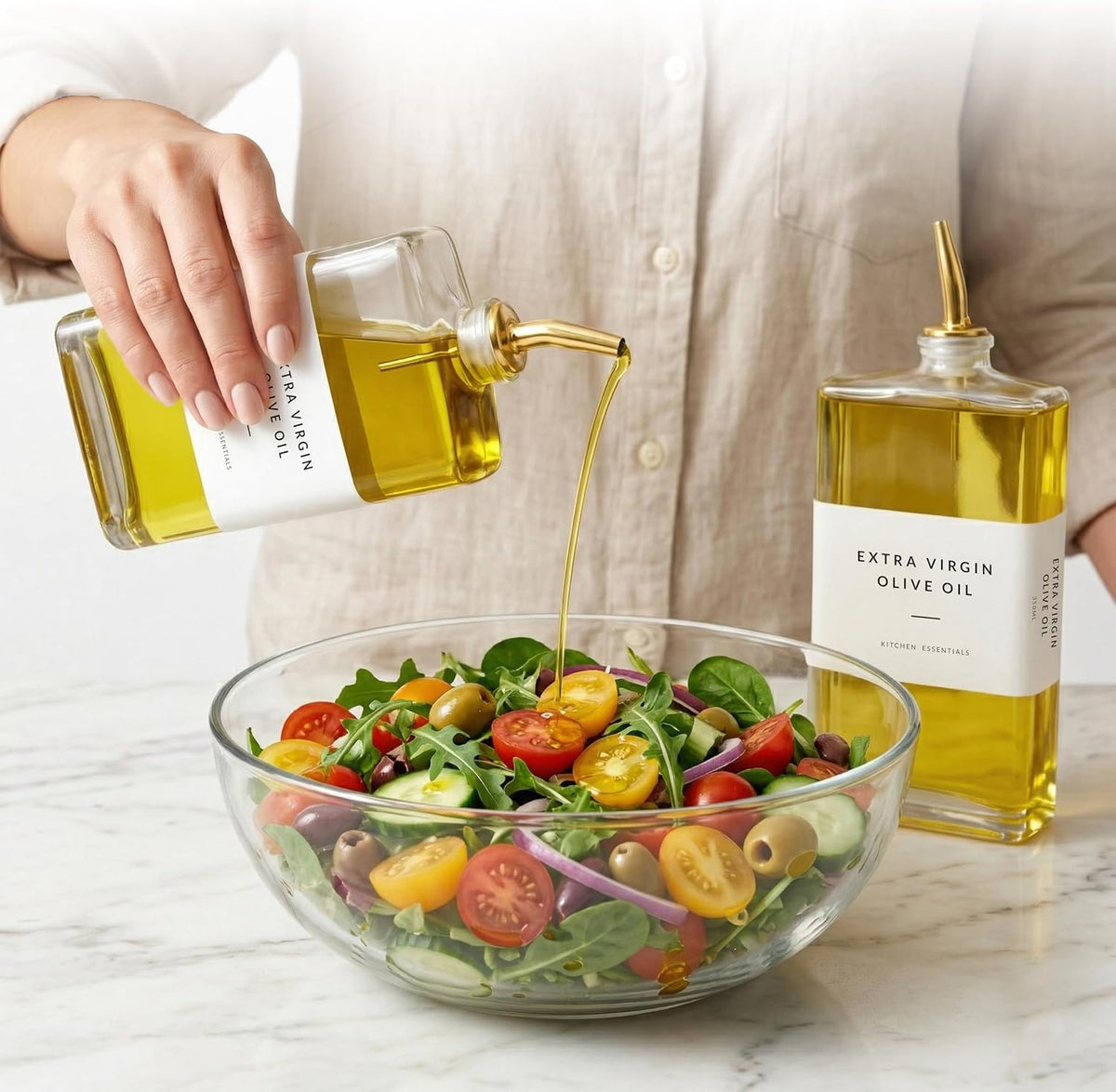 SAVVY & SORTED Glass Olive Oil Dispenser Bottle Set for Kitchen, 2PK Oil and Vinegar Dispenser Set with Gold Pourers and Labels, Cooking Oil Bottles for Kitchen Counter Decor, Set of 2