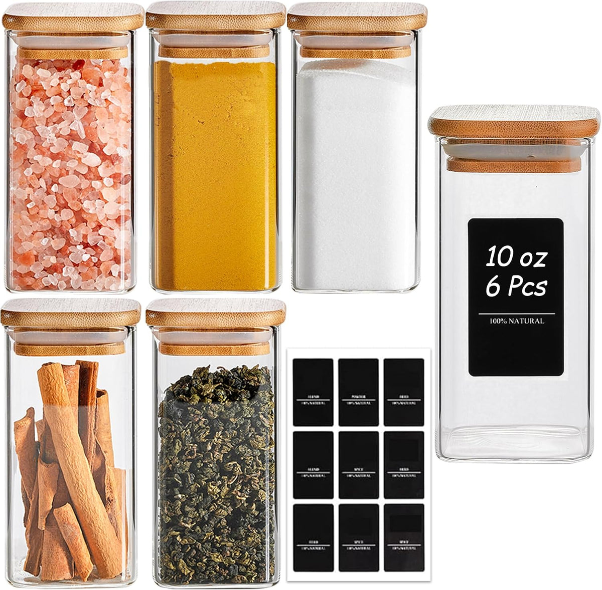 ComSaf Square Glass Spice Jars with Labels 8 oz 16 Pack with Bamboo Lids
