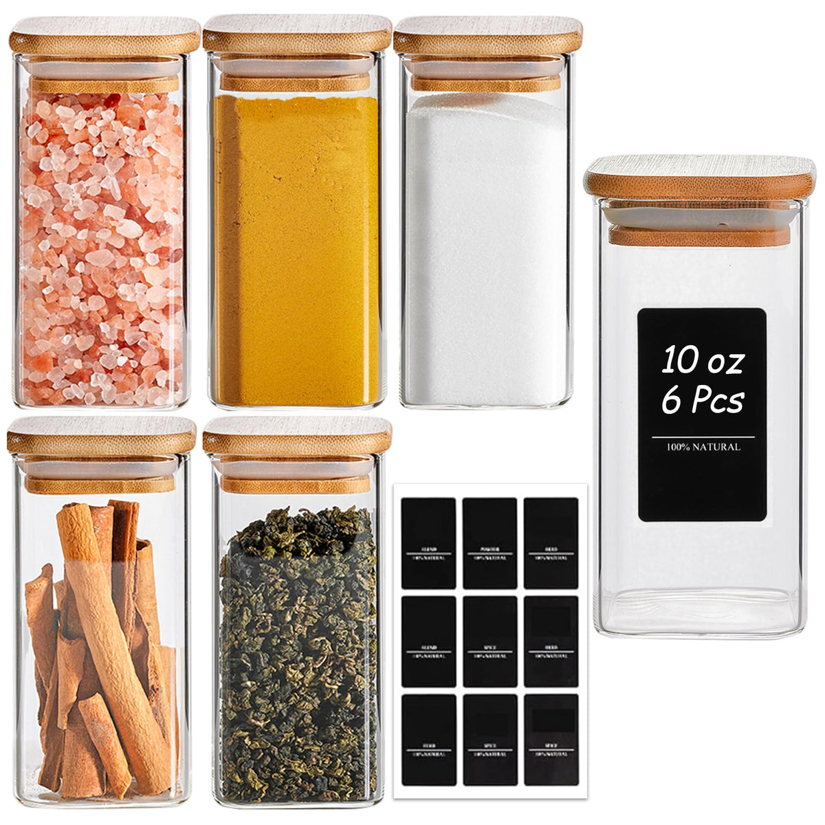 ComSaf Square Glass Spice Jars with Labels 8 oz 16 Pack with Bamboo Lids