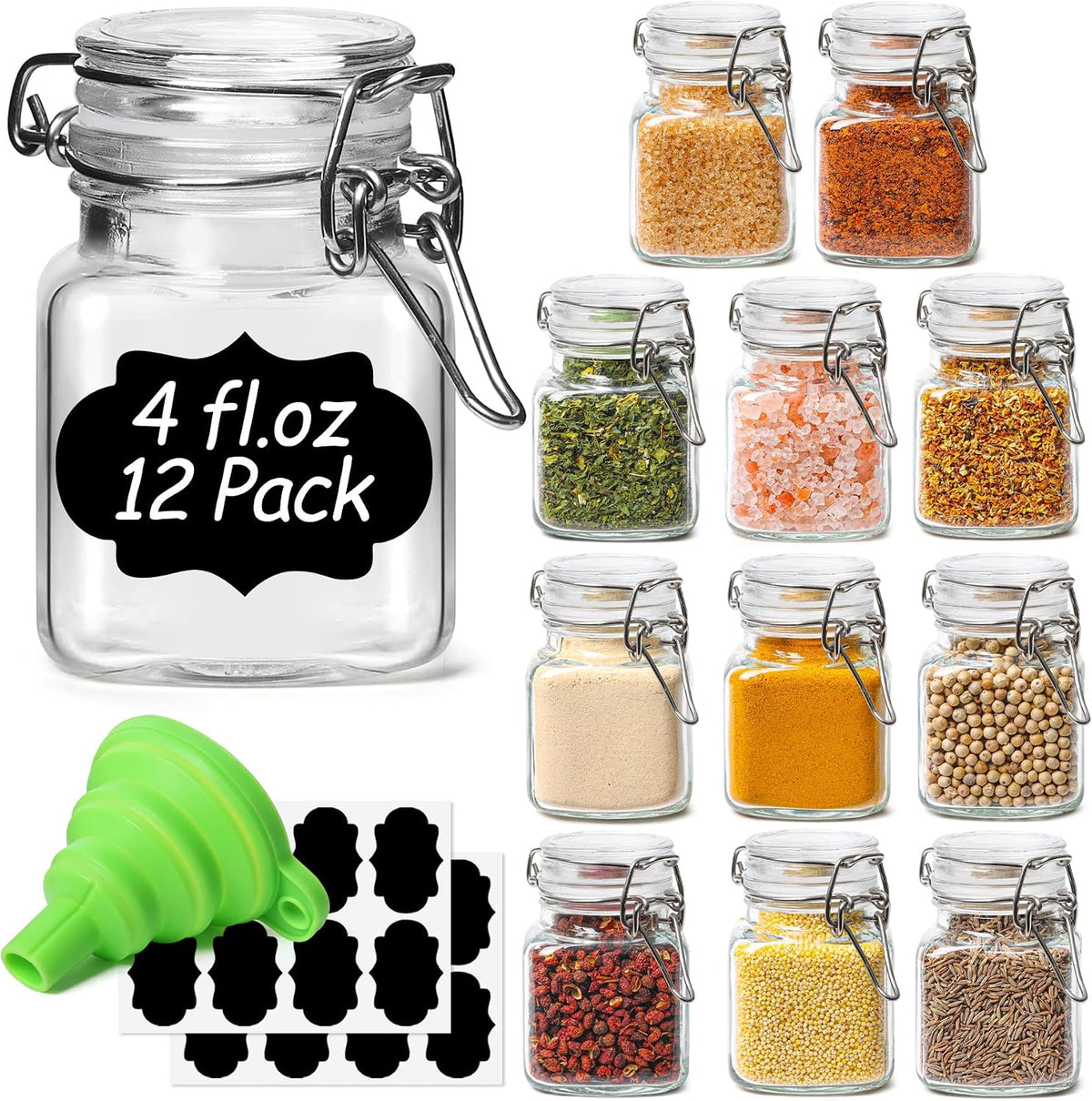 ComSaf Square Small Glass Spice Jars with Airtight Lids 4 oz 12 Pack Pantry