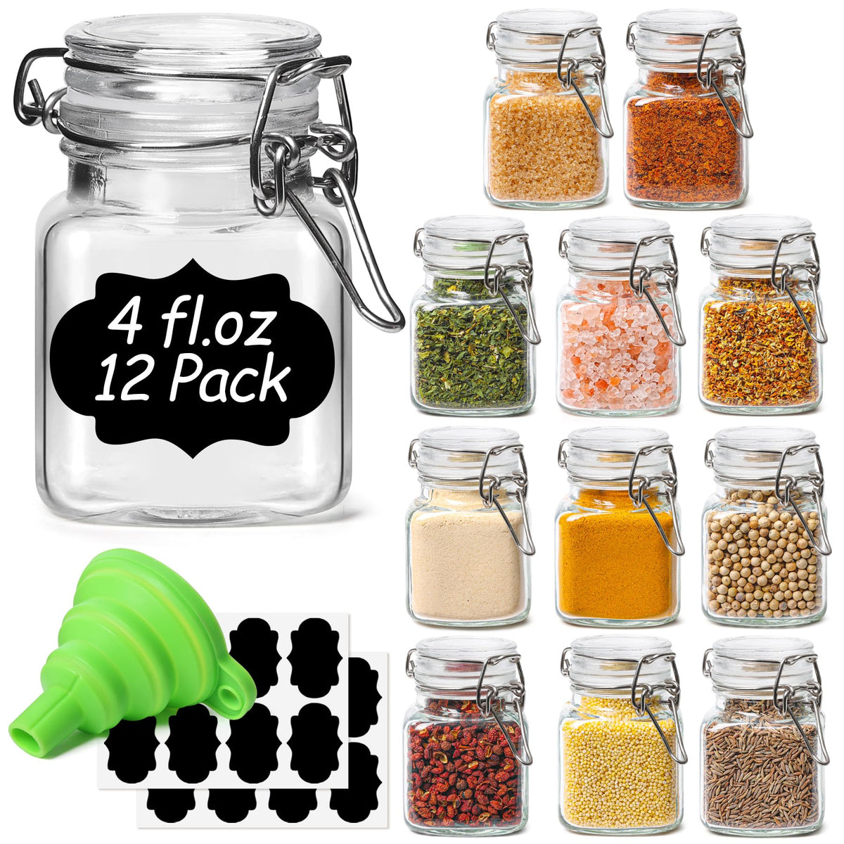 ComSaf Square Small Glass Spice Jars with Airtight Lids 4 oz 12 Pack Pantry