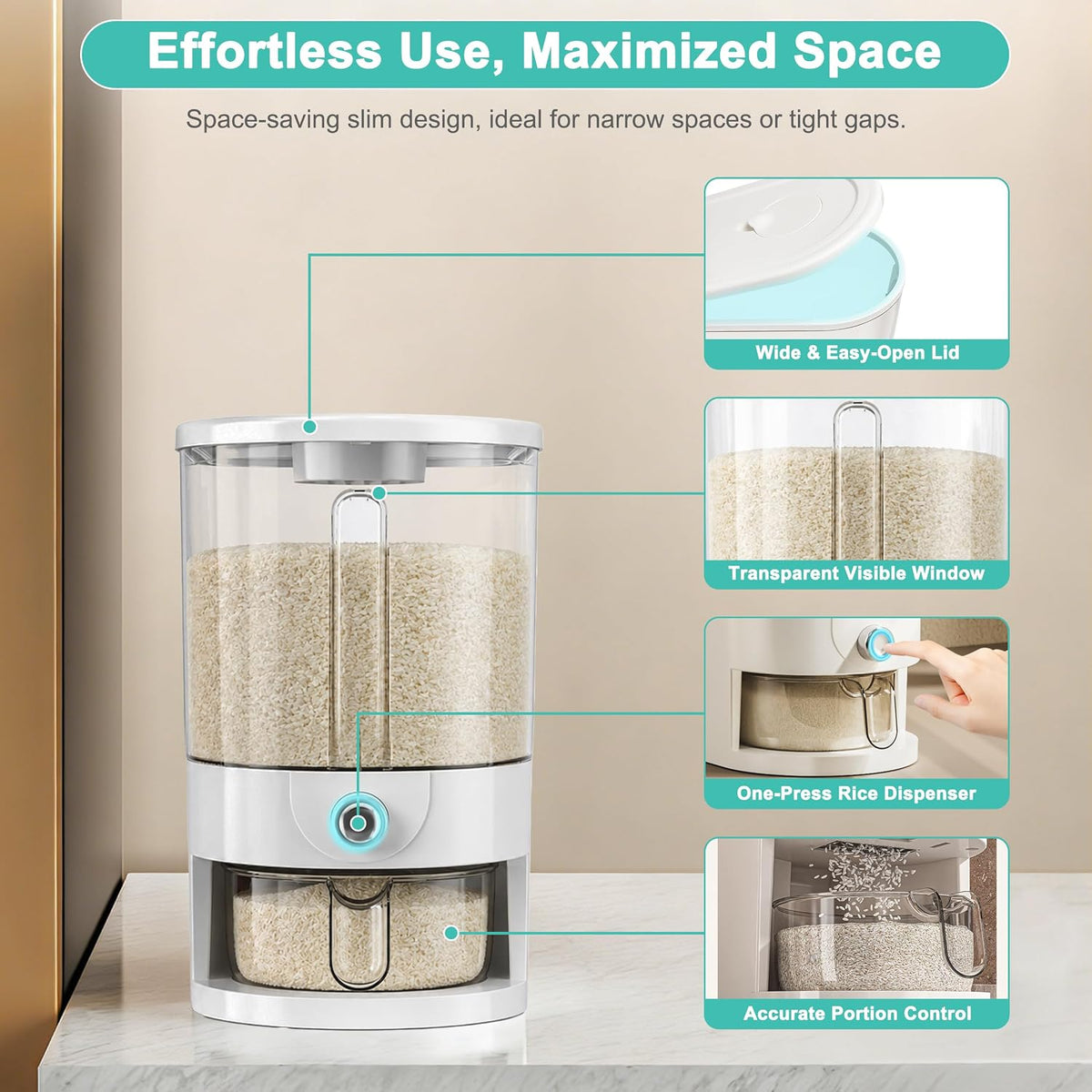 10LBS Rice Dispenser,Transparent Rice Container Storage with Measuring Cup,Food Grain Dispenser for Dry Goods, Multi-Purpose Kitchen Pantry Storage Box