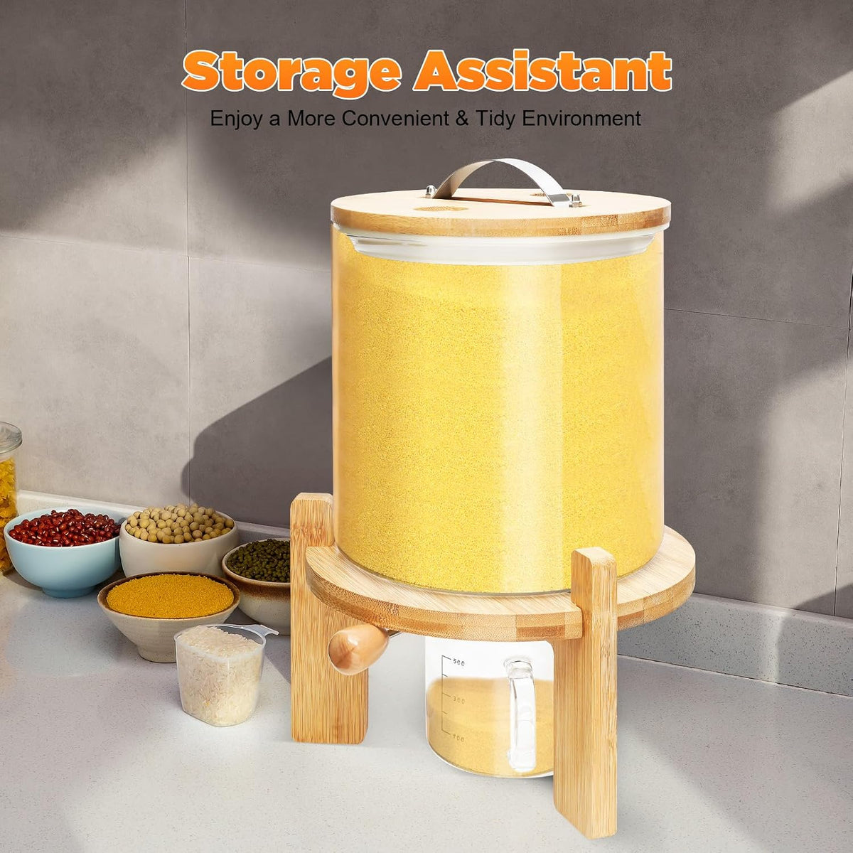 Rice Dispenser, Grain Dispenser Glass Bucket, Cereal Storage Dispenser, Large Capacity Storge Container for Dry Food (5 L)