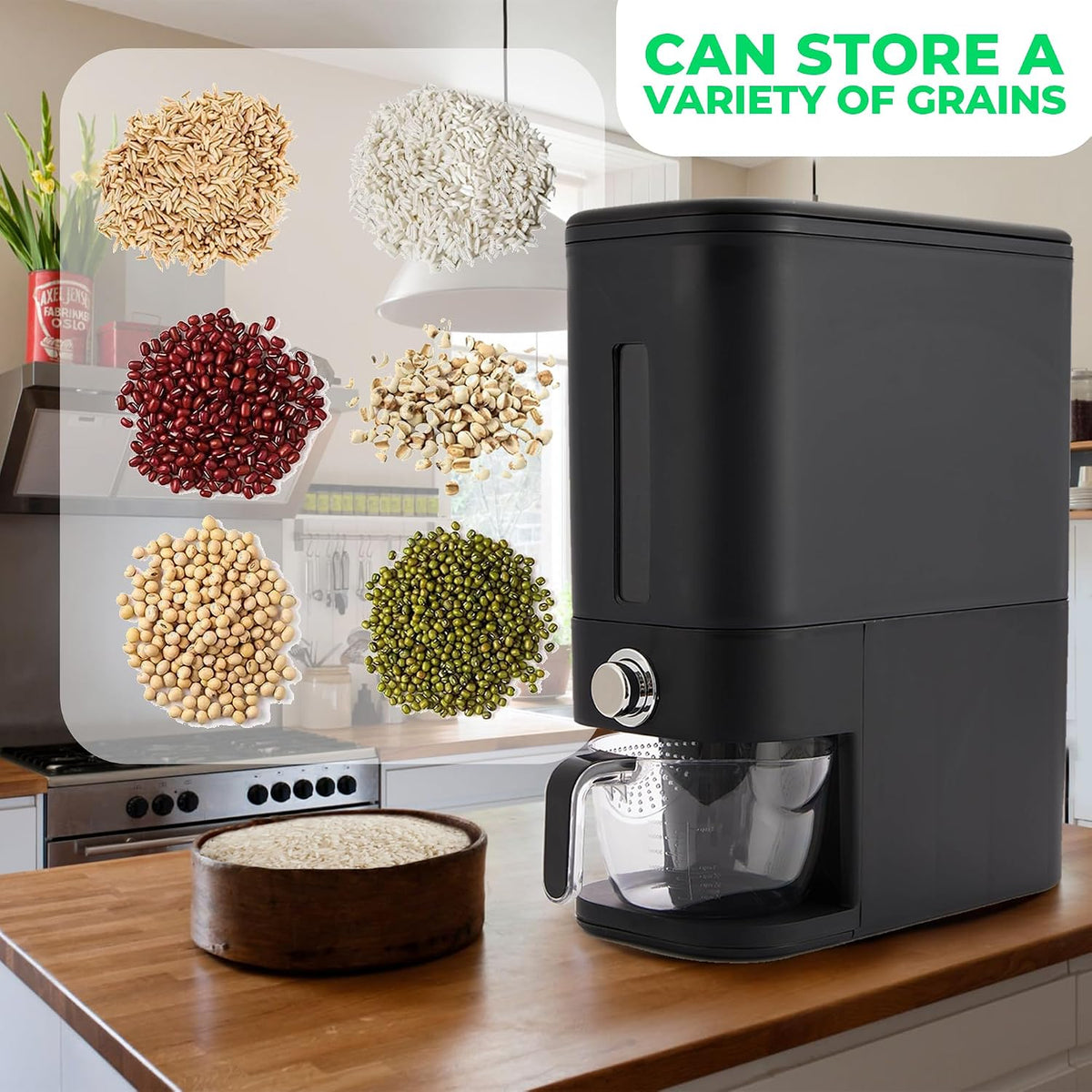 Rice Dispenser 25 lbs I Rice Storage Container 25 lbs with Sponge, Scoop & Measuring Cup I Airtight Rice Container with Lid I Best Food Dispenser Rice Bucket I Cereal Dispenser for Pantry