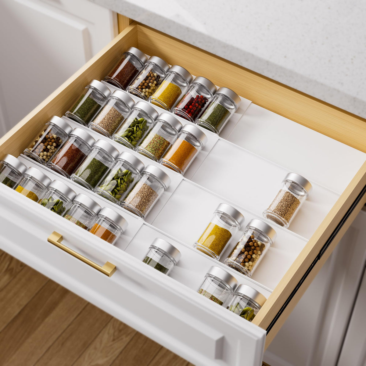 MIUKAA Clear Acrylic Spice Drawer Organizer, 4 Tier- 2 Set Expandable From 13" to 26" Drawer Seasoning Organizer, Kitchen Spice Rack Tray for Drawer/Countertop (Jars not included)