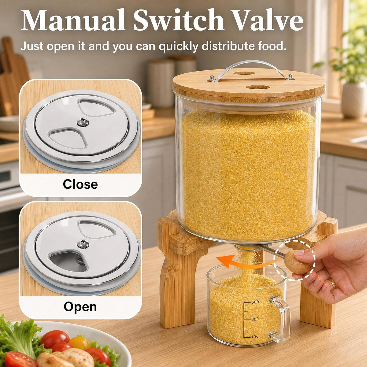 Goaste Glass Rice Dispenser with Bamboo Stand, 5L Flour Cereal Container with Airtight Lid, 8 Lbs Large Grain Food Storage Bucket, Countertop Beans Storage Tank with Measuring Cup & Valve for Dry Food