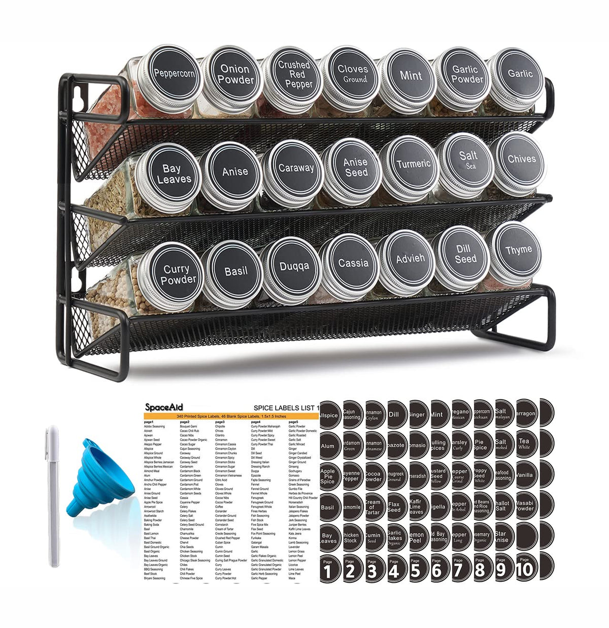 SpaceAid Spice Rack Organizer with 28 Spice Jars, 386 Spice Labels, Chalk Marker and Funnel Set for Cabinet, Countertop, Pantry, Cupboard or Door & Wall Mount - 28 Jars, 13.4" W × 10.8" H, Black