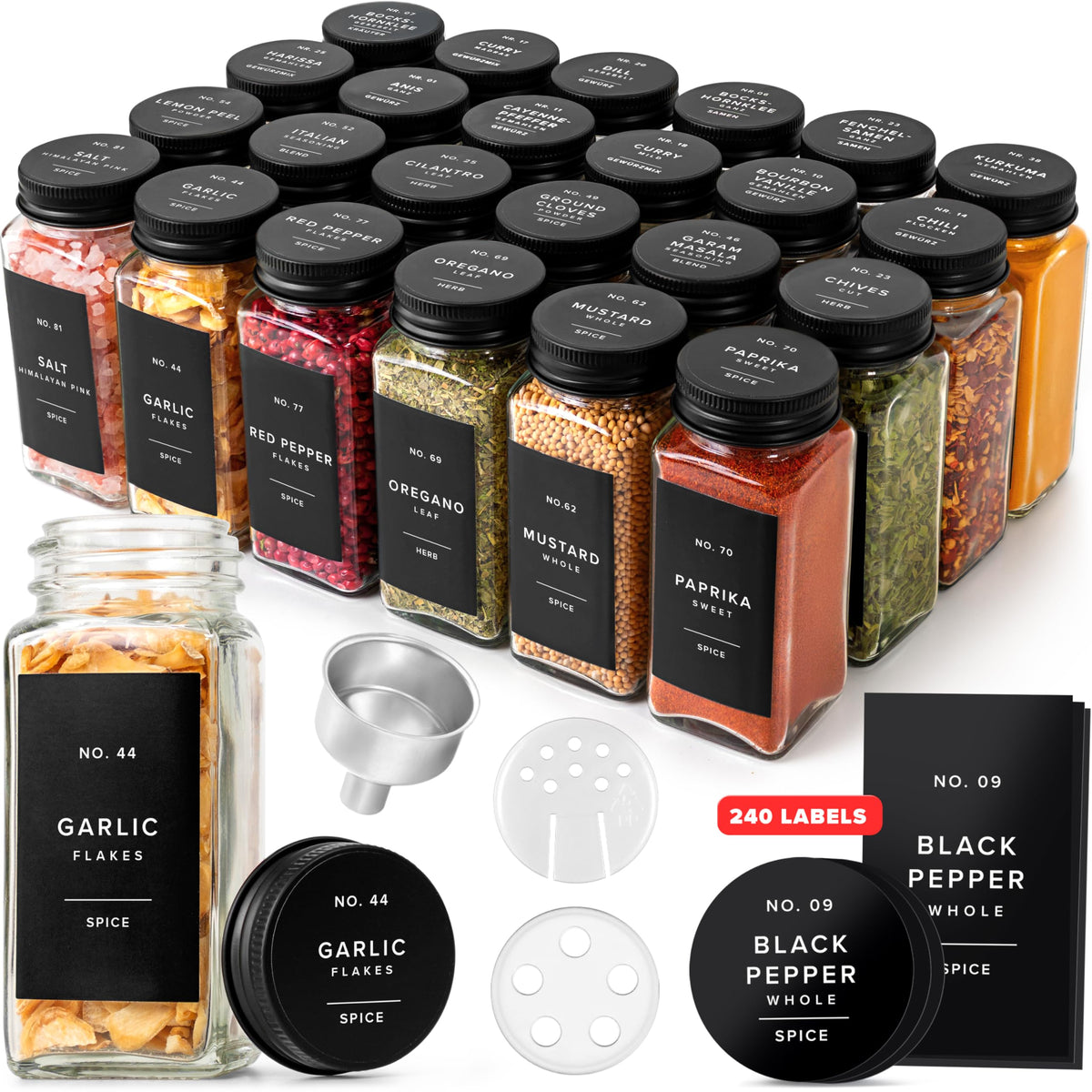 EDELHAUS Glass Spice Jars with Label, 24x Black Bamboo Wooden Lids