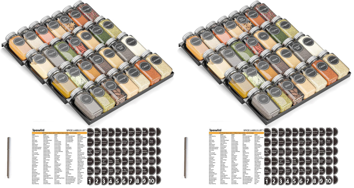 SpaceAid Spice Drawer Organizer with 28 Spice Jars, 386 Spice Labels, 4 Tier Seasoning Rack Tray Insert for Kitchen Drawers, 13" Wide x 17.5" Deep