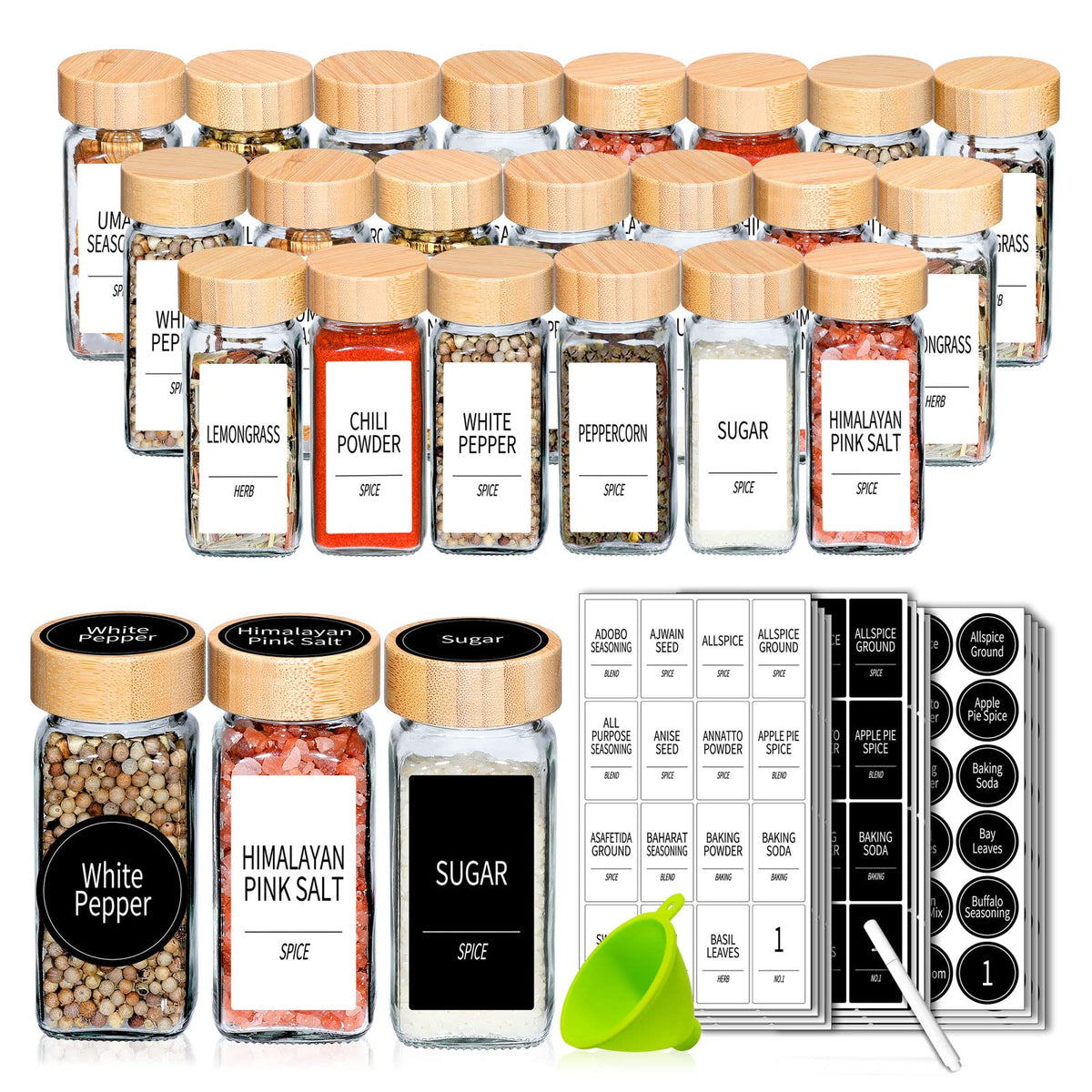 Churboro 48-Pack Empty Glass Spice Jars with Labels, 4 oz, Bamboo Lids