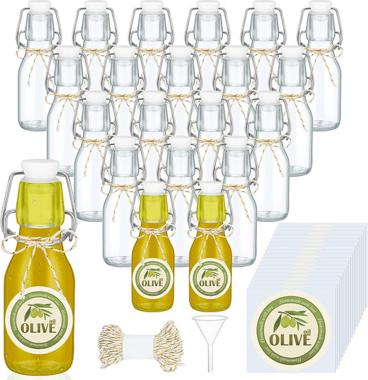 Queekay 20 Pack Mini Swing Top Glass Bottles with Labels