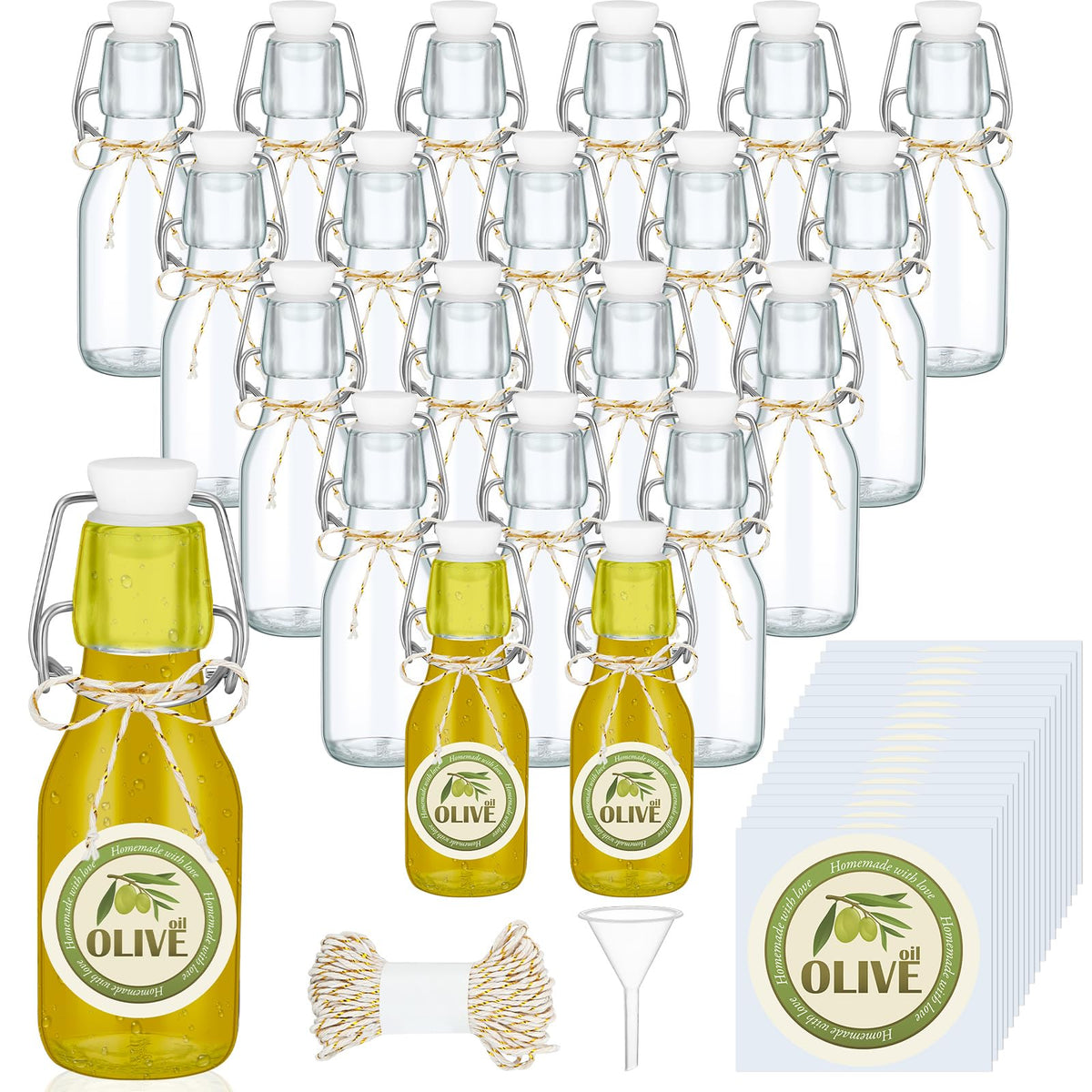 Queekay 20 Pack Mini Swing Top Glass Bottles with Labels