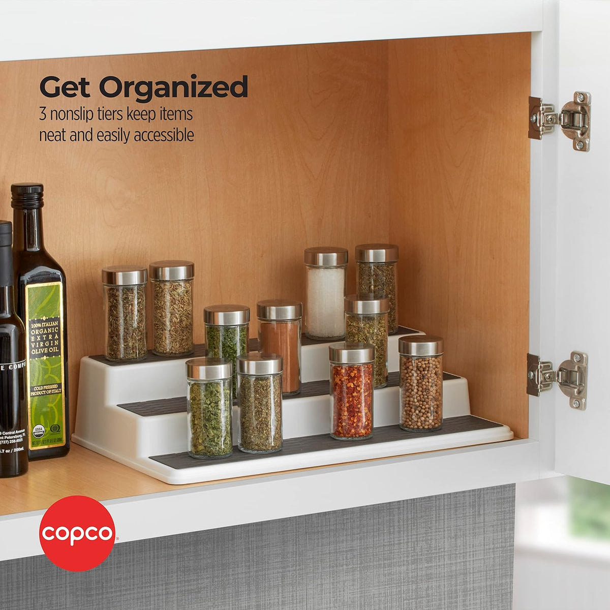 Copco 3-Tier Spice Rack Organizer for Cabinet - 15 Inch Non-Skid Pantry Organizer and Storage Shelf for Spices, Canned Goods, Seasonings - White and Gray Kitchen Cabinet Organizer