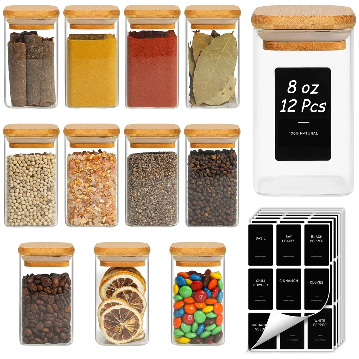 ComSaf Square Glass Spice Jars with Labels 4 oz 16 Pack with Bamboo Lids