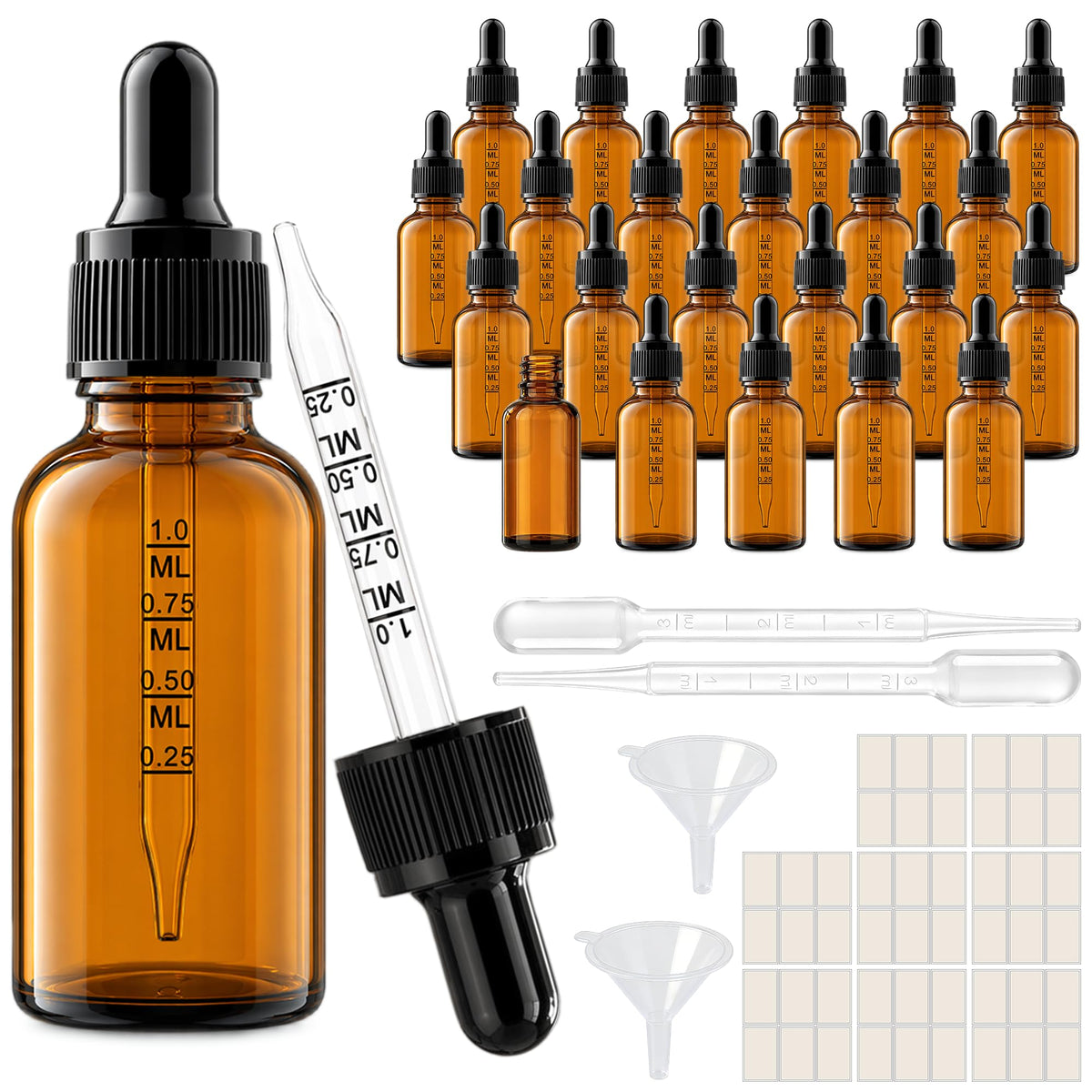 PrettyCare Glass Eye Dropper Bottles 24 Pack, 1oz (30ml) Clear Empty Thick Bottles Bulk with Leakproof Golden Caps - With Labels & Funnels for Storage, Travel, Essential Oils, Cuticle Oils, Tinctures
