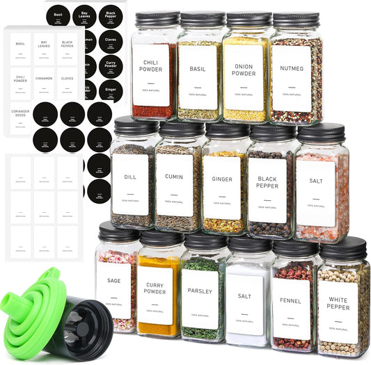 ComSaf Glass Spice Jars with with Labels 4 oz 15 Pack Small Square