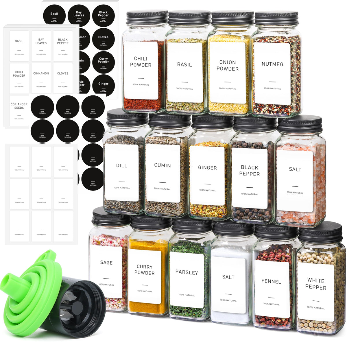 ComSaf Glass Spice Jars with with Labels 4 oz 15 Pack Small Square