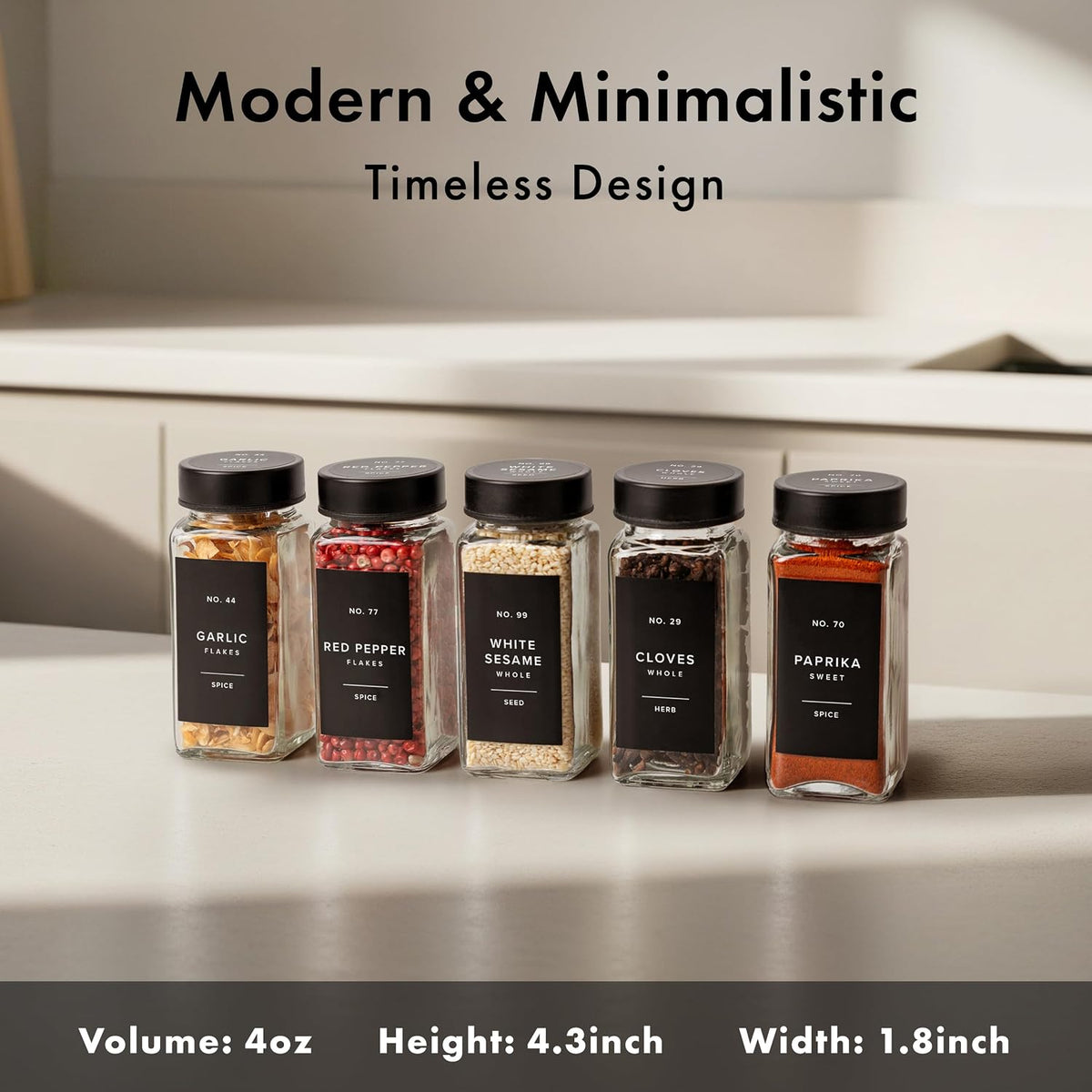 EDELHAUS Glass Spice Jars with Label, Seasoning Set, 24x Black Steel Lids