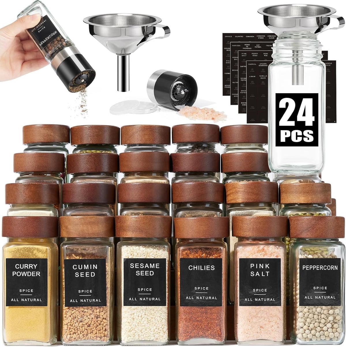 Yangbaga Glass Spice Jars with Labels, 14pcs 4oz Seasoning Organizer Jars