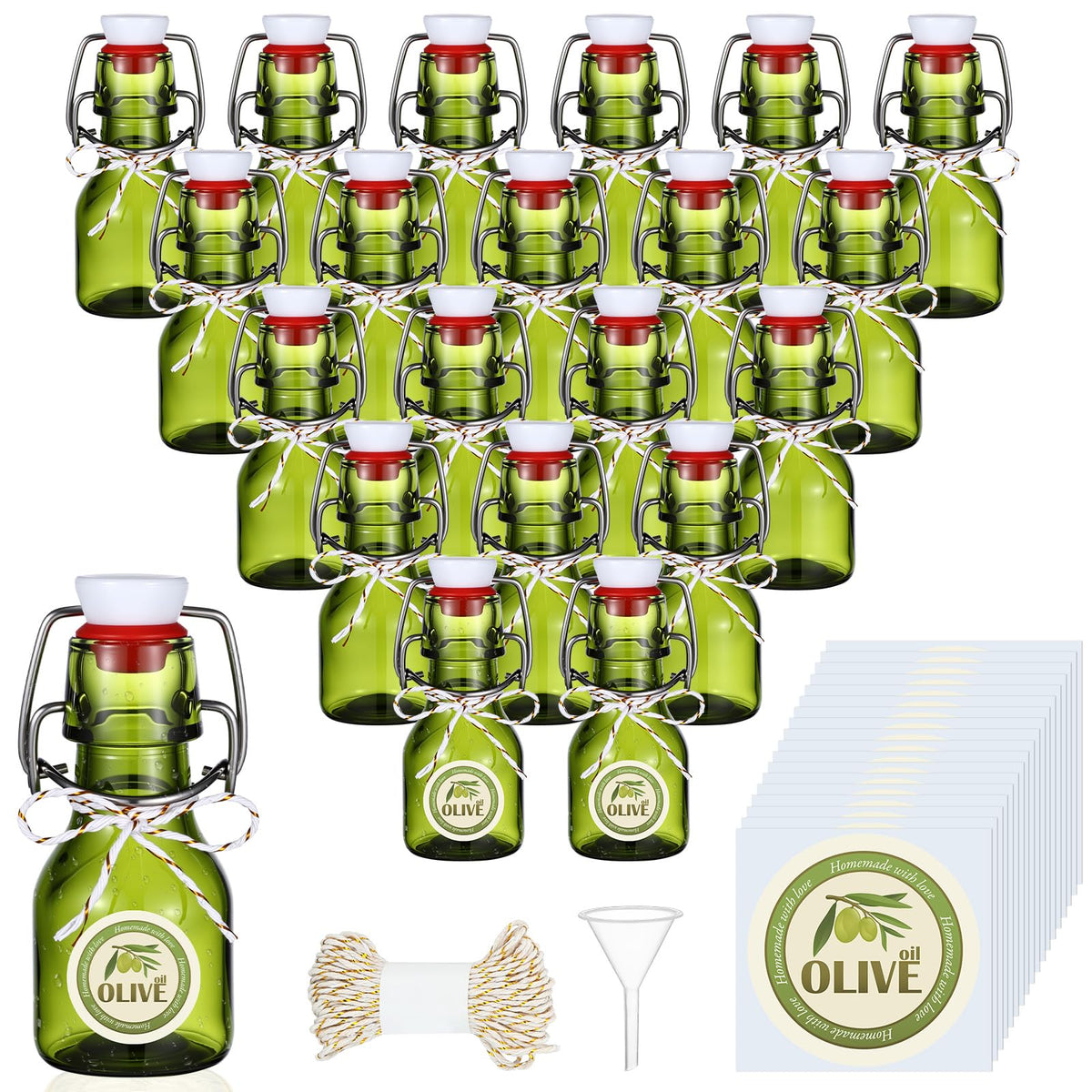Queekay 20 Pack Mini Swing Top Glass Bottles with Labels