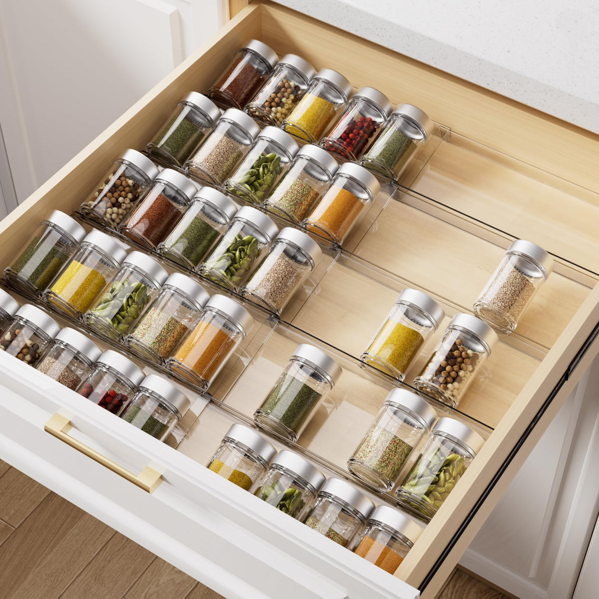 MIUKAA Clear Acrylic Spice Drawer Organizer, 4 Tier- 2 Set Expandable From 13" to 26" Drawer Seasoning Organizer, Kitchen Spice Rack Tray for Drawer/Countertop (Jars not included)
