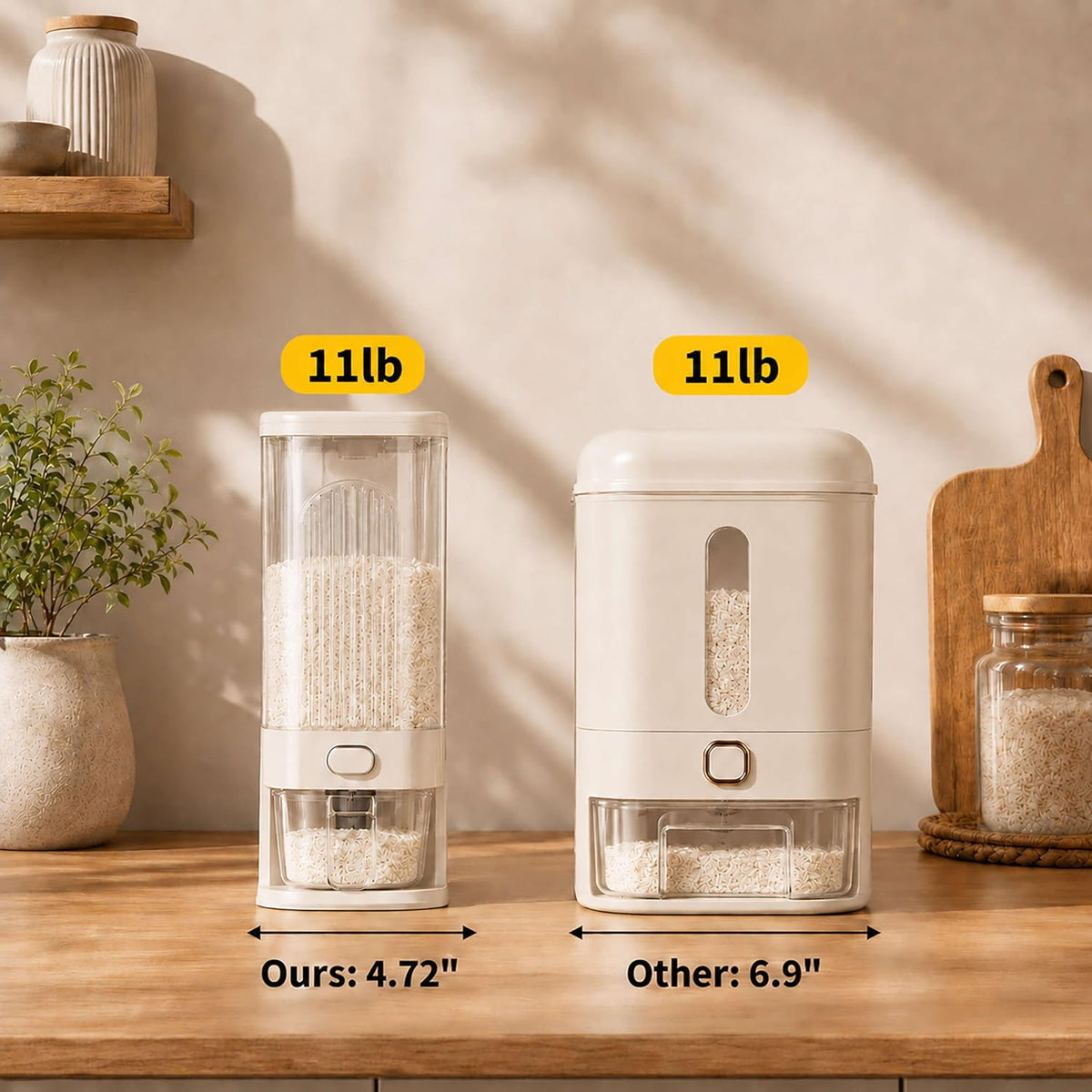 Slim Rice Dispenser with Manual Date Tracker, 11 Lbs Large Grain Storage Container for Kitchen Gap, 4.72" Wide Narrow Rice Bin with Measuring Cup, Beige