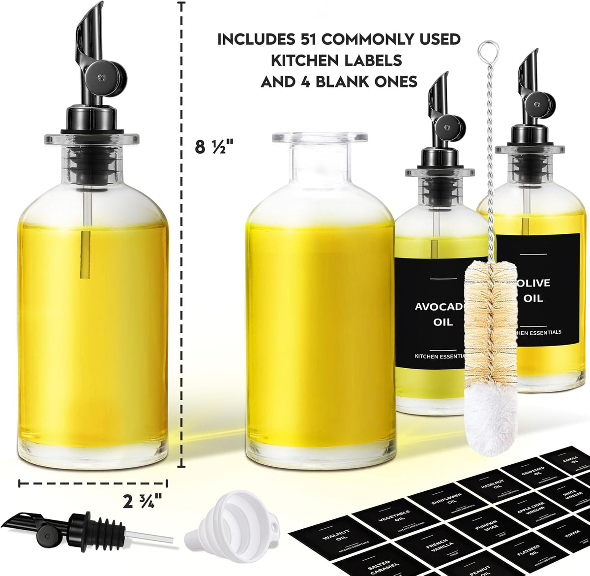 Oil Dispenser for Kitchen, Glass Olive Oil Dispenser Bottle Set of 4, Black