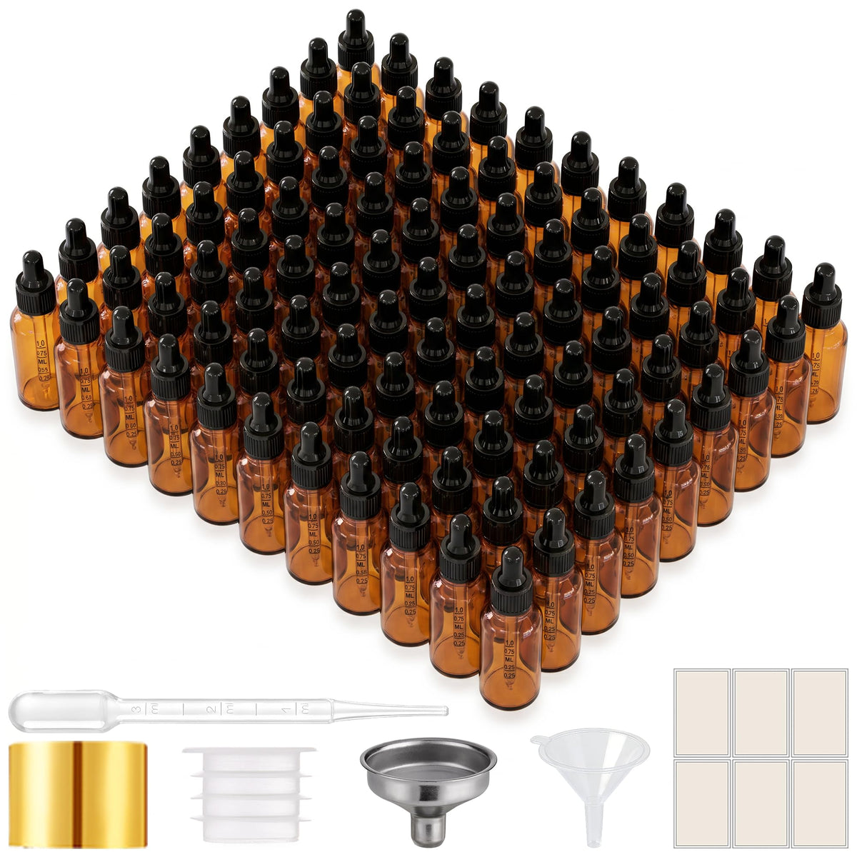 PrettyCare Glass Eye Dropper Bottles 24 Pack, 1oz (30ml) Clear Empty Thick Bottles Bulk with Leakproof Golden Caps - With Labels & Funnels for Storage, Travel, Essential Oils, Cuticle Oils, Tinctures