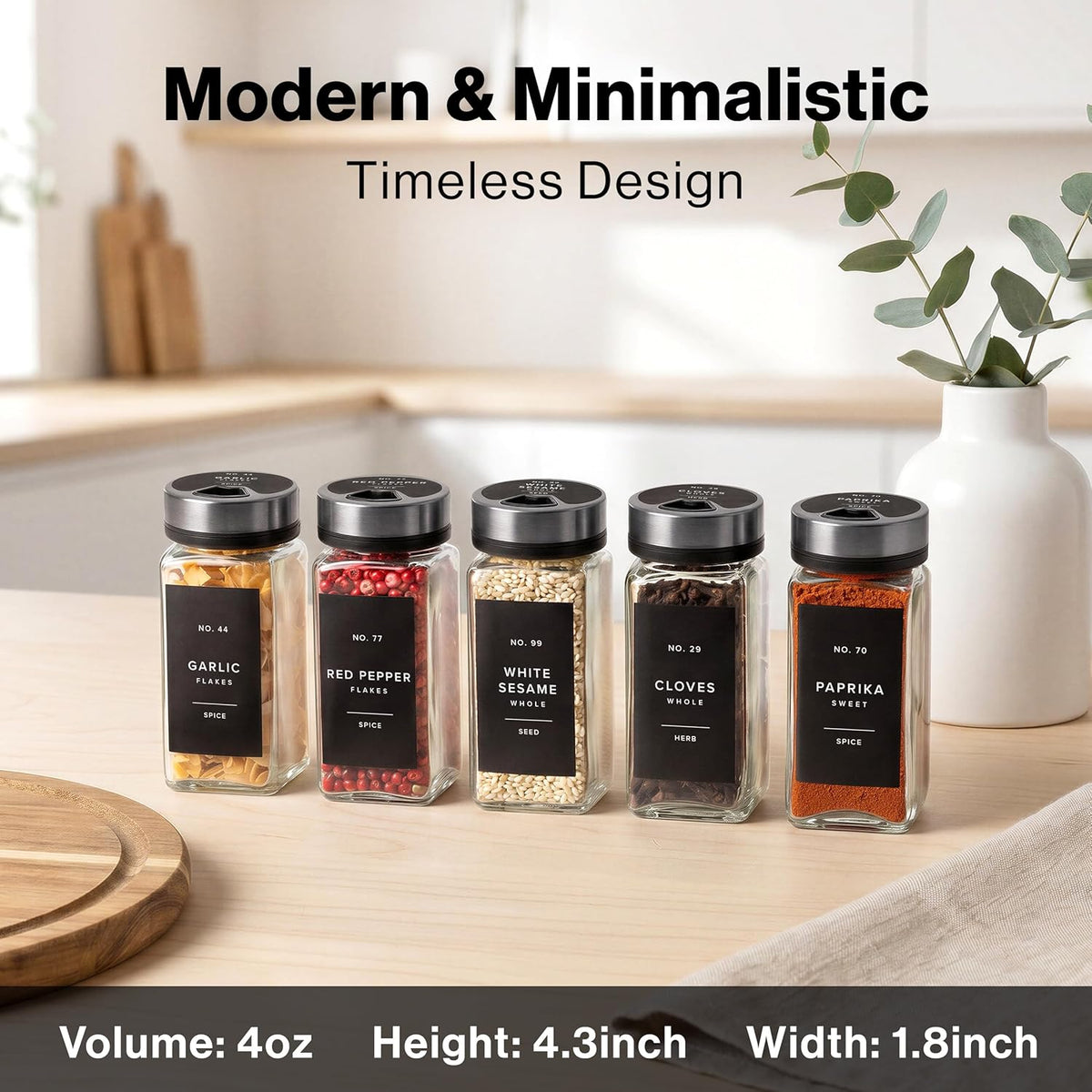 EDELHAUS Glass Spice Jars with Label, Space Gray Sprinkle Lids (24 x 4oz)