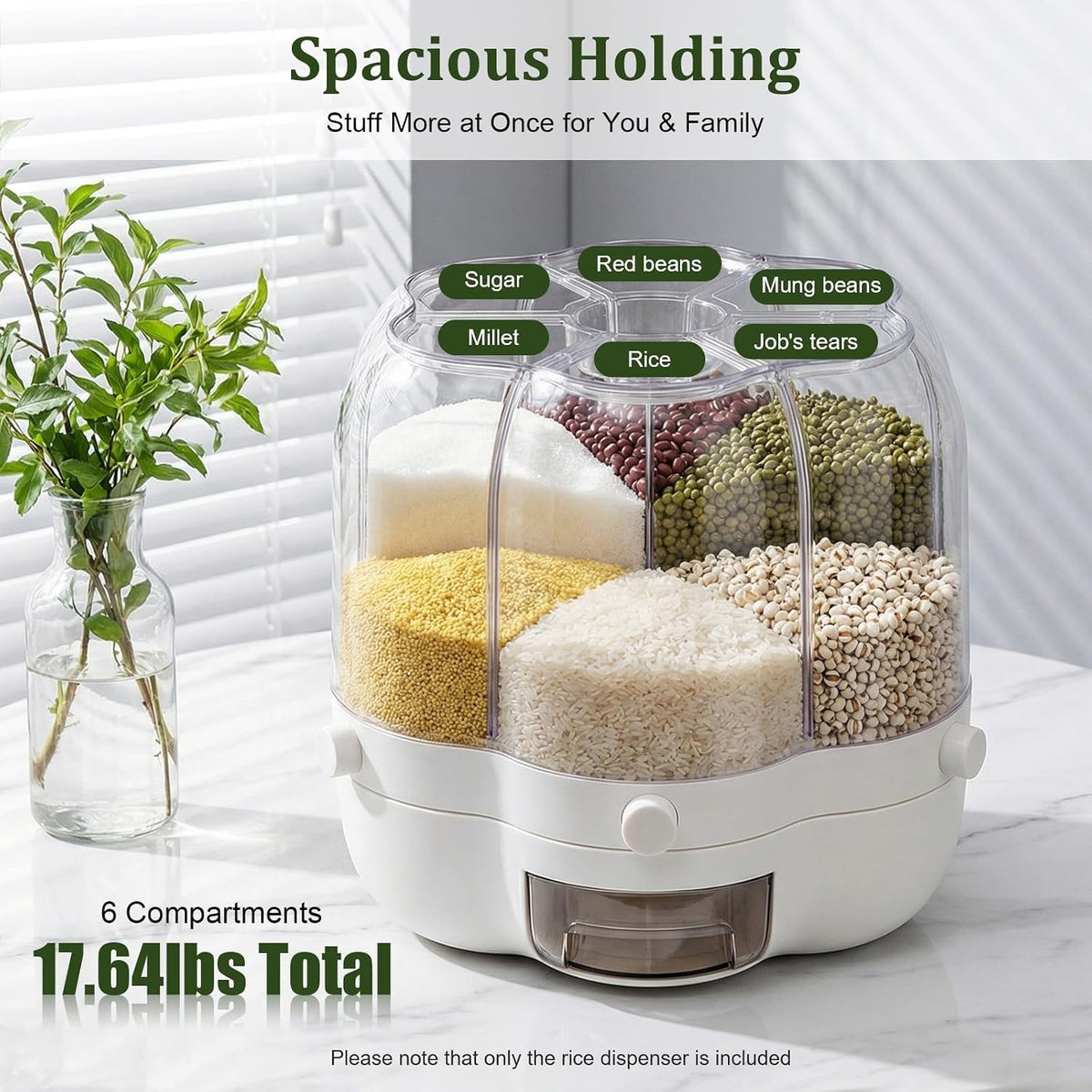 6 Compartment Rotating Rice Dispenser, Grain Storage Container for Dry Food, Cereal, Bean, Flour, Kitchen Countertop Pantry Organizer with Press Button Outlet, Clear Body, 17.64 lbs Capacity