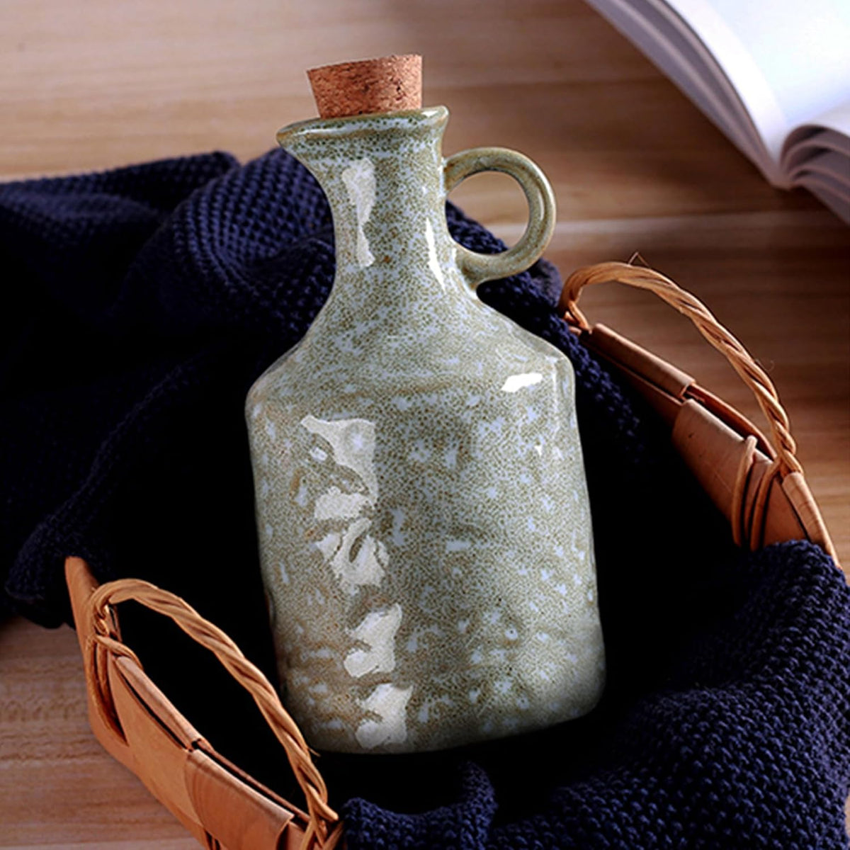 Green Ceramic Olive Oil Dispenser Bottle with Cork Stopper 13.5Oz