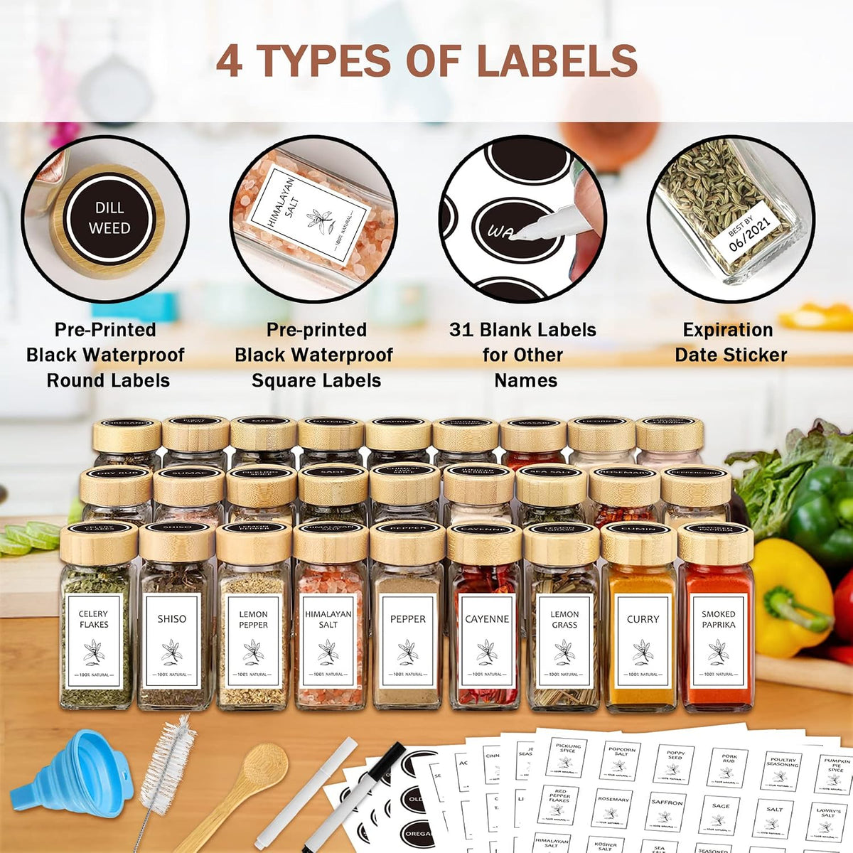 Aliggbent Spice Jars with Labels 36 Pcs 4 oz Glass Bamboo Lids Shaker Set