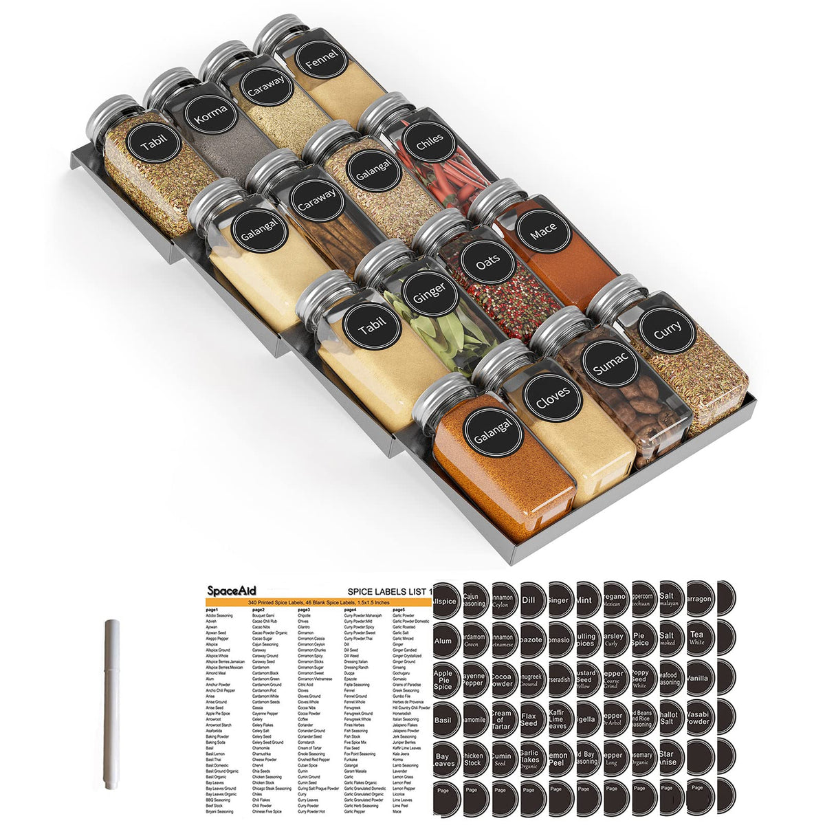 SpaceAid Spice Drawer Organizer with 28 Spice Jars, 386 Spice Labels, 4 Tier Seasoning Rack Tray Insert for Kitchen Drawers, 13" Wide x 17.5" Deep