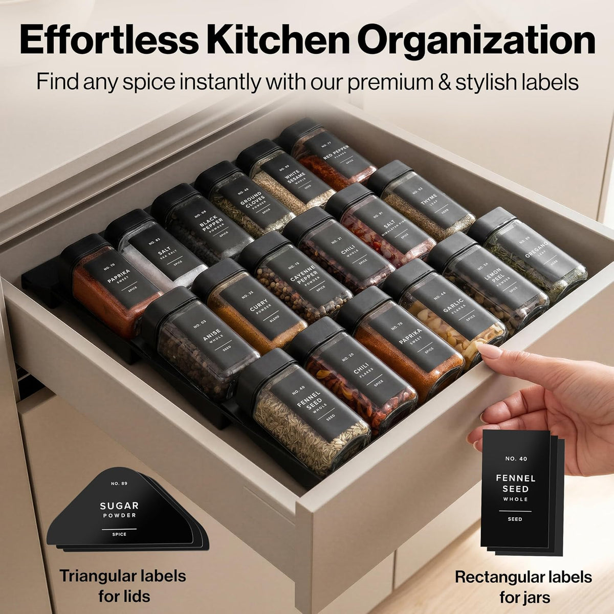 Glass Square Spice Jars with Label, Seasoning Set, 36x Black Sprinkle Lids
