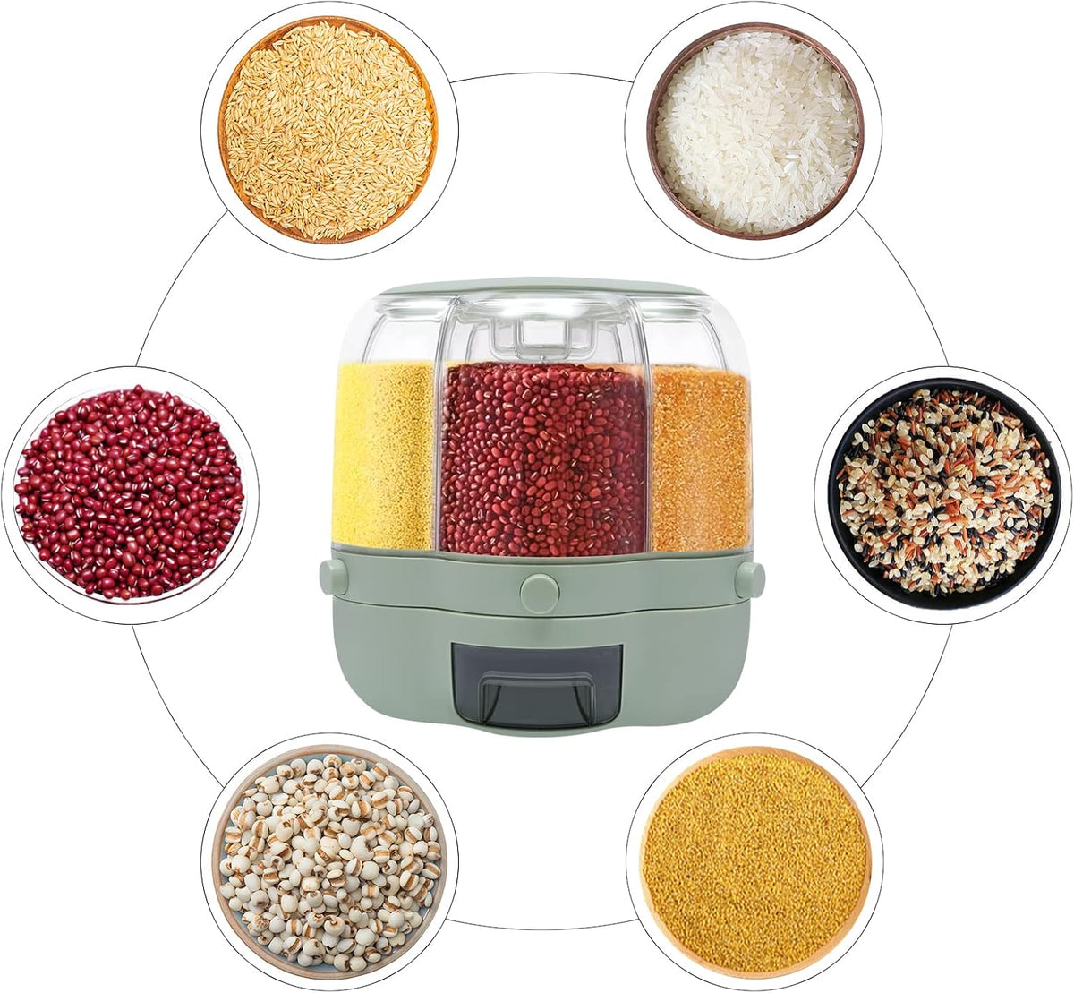 6 Grids Rice & Grain Storage Container Rice Dispenser 360° Rotating Food Dispenser Grain Dispenser One-Button Pressing Storage Bucket for Grains Snacks Candy Coffee Beans Dog
