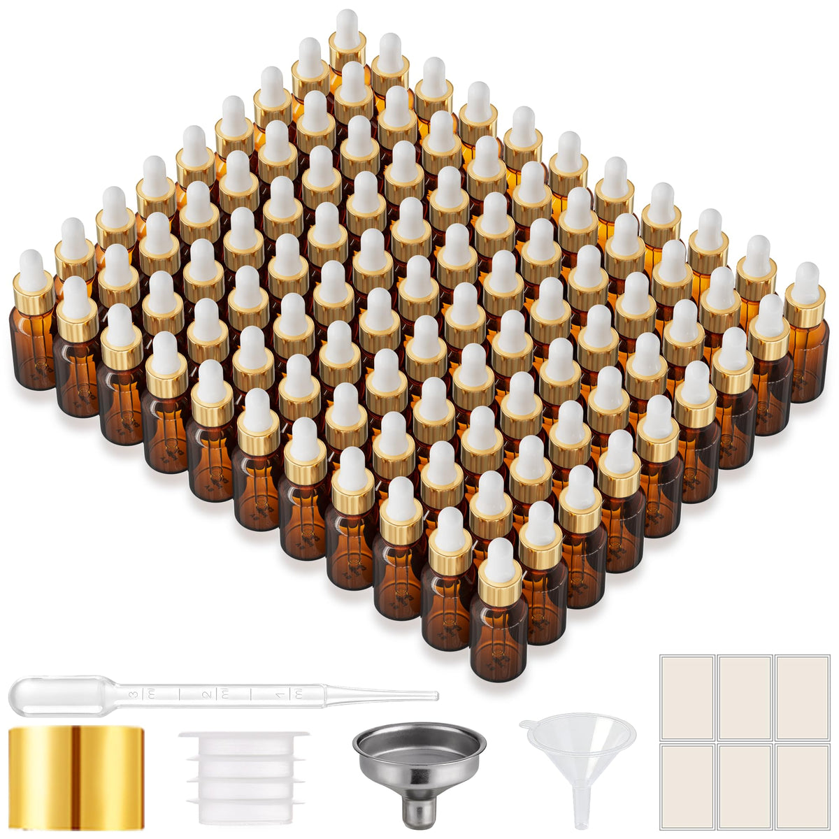 PrettyCare Glass Eye Dropper Bottles 24 Pack, 1oz (30ml) Clear Empty Thick Bottles Bulk with Leakproof Golden Caps - With Labels & Funnels for Storage, Travel, Essential Oils, Cuticle Oils, Tinctures